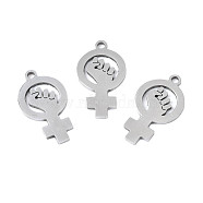 201 Stainless Steel Pendants, Laser Cut, Feminism Sign, Stainless Steel Color, 18x10x1mm, Hole: 1.4mm(STAS-T044-277P)