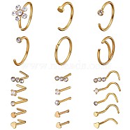 21Pcs 21 Style Clear Cubic Zirconia Flower & Flat Round & Heart Nose Studs & Rings Set, 304 Stainless Steel Nose Hoop & Fishtail & L-shape Nose Rings, Piercing Jewelry for Women, Golden, 9~9.5x5.5~9.5mm, Pin: 0.8mm, 1Pc/style(JX527C)