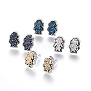 Brass Stud Earrings, with Druzy Resin Cabochon, Girl, Platinum, Mixed Color, 13.5x9x4~6mm, Pin: 0.8mm(EJEW-J098-FP)