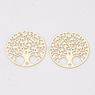 Brass Links connectors, Etched Metal Embellishments, Long-Lasting Plated, Flat Round with Tree of Life, Light Gold, 16x0.3mm, Hole: 1mm(KKC-S001-007KC)