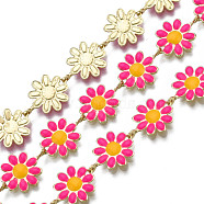 Brass Flower Link Chains, with Enamel, Unwelded, Real 16K Gold Plated, Deep Pink, 13.5~14x9.5~10x1mm(CHC-N018-098E)