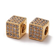 925 Sterling Silver Beads, with Cubic Zirconia, Real 18K Gold Plated, Cube, Clear, 7x7.5x7.5mm, Hole: 3.8mm(STER-Z005-14A-06)