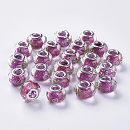 Handmade Inner Flower Lampwork European Beads, Large Hole Beads, with Glitter Sequin inside and Silver Color Plated Brass Double Cores, Rondelle, Magenta, 14x11mm, Hole: 5mm(LAMP-S193-013B)