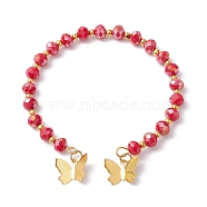 Glass Round Beaded Cuff Bangles, with Golden Brass Butterfly Charms, Red, Inner Diameter: 2-1/8 inch(5.5cm)(BJEW-JB09964-02)