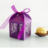Bird Lace Hollow Out Candy Chocolate Paper Gift Box for Wedding Birthday Decoration, with Ribbon, Purple, 5x5x8cm(CON-WH0021-B04)