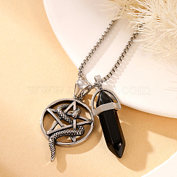 Vintage Synthetic Gemstone Bullet Shaped Pendant Necklaces, Stainless Steel Pentagram Snake Pendant Necklaces for Men, Silver, 23.62 inch(60cm)(JP9673)