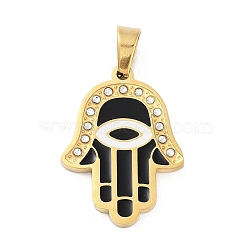 304 Stainless Steel Charms, with Rhinestone and Enamel, Real 18K Gold Plated, Evil Eye Charm, Hamsa Hand, Black, 27x19.5x2mm, Hole: 6x4mm(STAS-M341-01G-11)