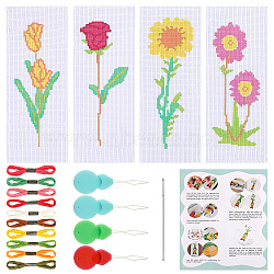 4 Sets 4 Style DIY Flower Bookmark Cross-Stitch Kit, with Embroidery Threads, Fabric and Needle and Needle-Threading Device, Mixed Color, 225x80x1mm, 1 set/style(DIY-GF0009-28)