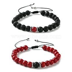 2Pcs 2 Style Couple Bracelets Gift for Valentine's Day, Dyed Synthetic Turquoise & Natural Lava Rock Braided Bead Bracelets, Adjustable Braided Cord Bracelets, Inner Diameter: 2-1/8~3-1/2 inch(5.5~9cm), 1pc/color(BJEW-JB09858)