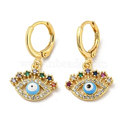 Evil Eye Real 18K Gold Plated Brass Dangle Leverback Earrings, with Enamel and Cubic Zirconia, Deep Sky Blue, 25.5x15mm(EJEW-A033-06G-05)