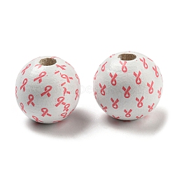 Printed Wood Beads, Valentine's Day Round Beads, WhiteSmoke, Awareness Ribbon, 16mm, Hole: 3~4.4mm(WOOD-A022-01A)