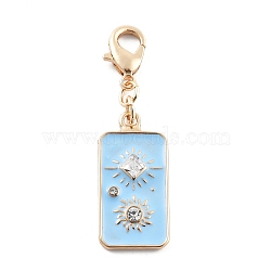 Alloy Rhinestone & Enamel Pendant Decoration, Lobster Clasp Charms Ornaments, Rectangle with Sun Pattern, 40mm(HJEW-P021-01J-G)