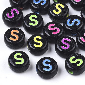 Opaque Black Acrylic Beads, Horizontal Hole, Flat Round with Mixed Color Letter, Letter.S, 7x4mm, Hole: 1.6mm, about 3600pcs/500g