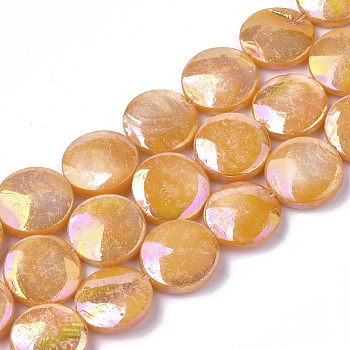 Freshwater Shell Beads Strands, AB Color Plated, Dyed, Flat Round, Dark Orange, 10~11.5x3~4mm, Hole: 1mm, 34pcs/strand, 15.15 inch