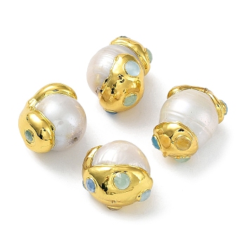 Baroque Natural Keshi Pearl Nuggets Beads, with Rack Plating Brass Findings and Dyed Natural Jade, Long-Lasting Plated, Golden, 17~21x15~17x14~17mm, Hole: 0.7mm