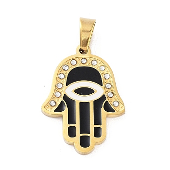 304 Stainless Steel Charms, with Rhinestone and Enamel, Real 18K Gold Plated, Evil Eye Charm, Hamsa Hand, Black, 27x19.5x2mm, Hole: 6x4mm