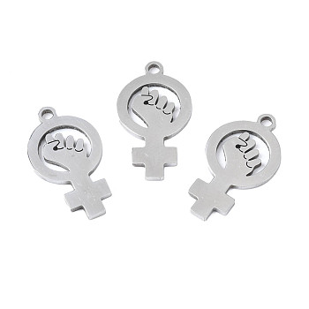 201 Stainless Steel Pendants, Laser Cut, Feminism Sign, Stainless Steel Color, 18x10x1mm, Hole: 1.4mm
