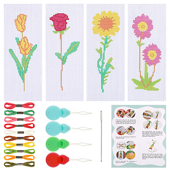 4 Sets 4 Style DIY Flower Bookmark Cross-Stitch Kit, with Embroidery Threads, Fabric and Needle and Needle-Threading Device, Mixed Color, 225x80x1mm, 1 set/style