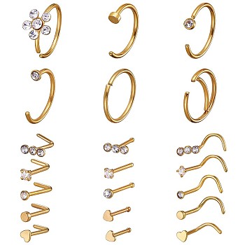 21Pcs 21 Style Clear Cubic Zirconia Flower & Flat Round & Heart Nose Studs & Rings Set, 304 Stainless Steel Nose Hoop & Fishtail & L-shape Nose Rings, Piercing Jewelry for Women, Golden, 9~9.5x5.5~9.5mm, Pin: 0.8mm, 1Pc/style