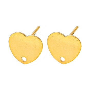 Heart Shape 201 Stainless Steel Stud Earrings Findings, with 304 Stainless Steel Pins & Hole, Golden, 9x10mm, Hole: 1.2mm, Pin: 0.7mm.