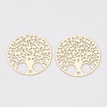 Brass Links connectors, Etched Metal Embellishments, Long-Lasting Plated, Flat Round with Tree of Life, Light Gold, 16x0.3mm, Hole: 1mm