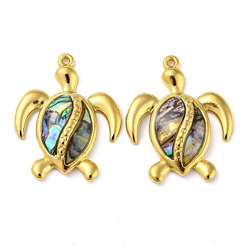 Natural Paua Shell Pendants, Sea Turtle Charms with Ion Plating(IP) 304 Stainless Steel Findings, Real 18K Gold Plated, 30x24x3.5mm, Hole: 1.4mm