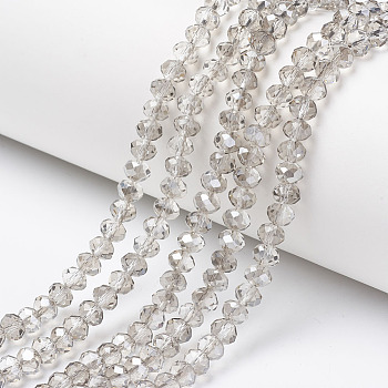 Electroplate Transparent Glass Beads Strands, Half Gray Plated, Faceted, Rondelle, Clear, 3.5x3mm, Hole: 0.4mm, about 123~127pcs/strand, 13.7~14.1 inch(35~36cm)