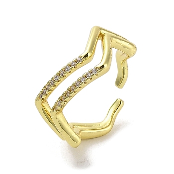 Brass Micro Pave Cubic Zirconia Open Cuff Rings, Real 18K Gold Plated, Inner Diameter: 17.2mm