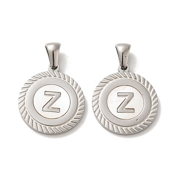 304 Stainless Steel Pendants, Flat Round Shell Charms with Letter, Stainless Steel Color, Letter Z, 20.5x17.5x1.5mm, Hole: 2.5x4.5mm