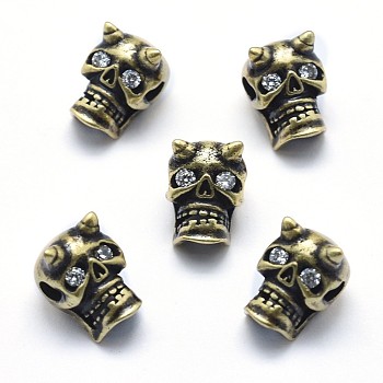 Brass Beads, with Clear Cubic Zirconia, Cadmium Free & Nickel Free & Lead Free, Skull, Antique Golden, 11x8x9mm, Hole: 2mm