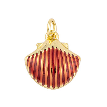 Rack Plating Brass Enamel Pendants, Cadmium Free & Lead Free, Long-Lasting Plated, Real 18K Gold Plated, Shell Shape, FireBrick, 14x13x4mm, Hole: 3mm