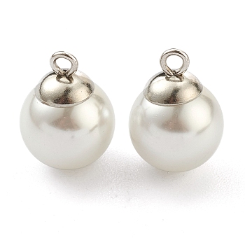 304 Stainless Steel Charms, with White Plastic Imitation Pearl Beads, Stainless Steel Color, 14x10mm, Hole: 1.6mm