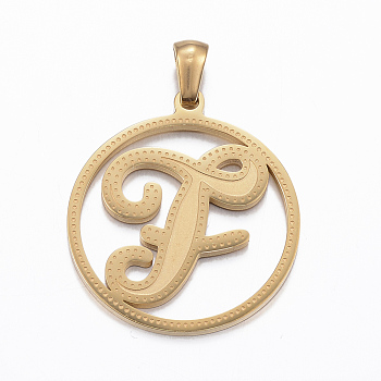Ion Plating(IP) 304 Stainless Steel Pendants, Flat Round with Letter.F, Golden, 28x25x1.2mm, Hole: 6x3mm