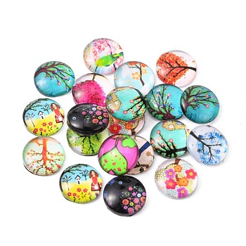 Tree of Life Printed Half Round/Dome Glass Flatback Cabochons, Mixed Color, 12x4mm