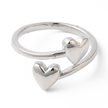 Rack Plating Brass Double Heart Cuff Rings, Lead Free & Cadmium Free, Platinum, US Size 6 3/4(17.1mm)