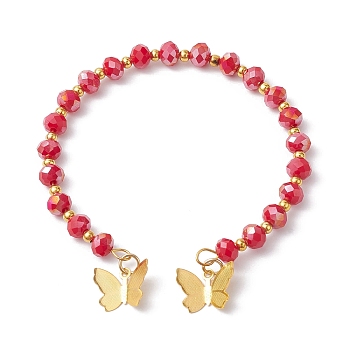 Glass Round Beaded Cuff Bangles, with Golden Brass Butterfly Charms, Red, Inner Diameter: 2-1/8 inch(5.5cm)