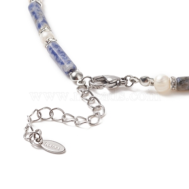 Natural Blue Spot Jasper & Pearl & Crystal Rhinestone Beaded Necklace for Women(NJEW-JN04209-01)-4