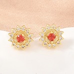 Brass Micro Pave Cubic Zirconia Stud Earrings for Women, Flower, Cadmium Free & Lead Free, Long-Lasting Plated, Rack Plating, Real 18K Gold Plated, Orange Red, 9mm(KK-A305-04G-01)
