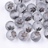 Autumn Theme Electroplate Transparent Glass Beads, Frosted, Round with Maple Leaf Pattern, Coconut Brown, 10mm, Hole: 1.5mm(EGLA-S178-01-01A)