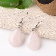 Natural Rose Quartz Teardrop Dangle Earrings, with Platinum Plated Brass Findings, 41mm, Pin: 0.7mm(EJEW-J089-04)