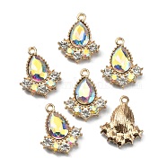 Glass Rhinestone Pendants, with Light Gold Plated Zinc Alloy Findings, Teardrop Charms, Crystal AB, 20x16x5mm, Hole: 1.5mm(FIND-TAC0017-07LG-08)