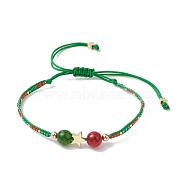 Christmas 8mm Round Dyed Natural Malaysia Jade & Natural Carnelian & Glass Seed Beads Braided Bead Bracelets, Adjustable Star Bracelets, Green, Inner Diameter: 1-1/2~3-1/4 inch(3.9~8.3cm)(BJEW-MZ00070-01)