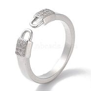 Brass Micro Pave Cubic Zirconia Cuff Rings, Long-Lasting Plated, Lock, Platinum, US Size 5 1/2(16.1mm)(RJEW-G310-04P)