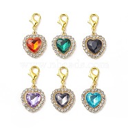 Alloy Rhinestone Heart Pendant Decorations, Lobster Clasp Charms, Clip-on Charms, for Keychain, Purse, Backpack Ornament, Mixed Color, 31mm, 6pcs/set(HJEW-JM00808)