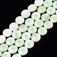 Natural Freshwater Shell Enamel Beads, Flat Round with Flower, Light Green, 11x3mm, Hole: 0.8mm, about 32pcs/strand, 14.37 inch(36.5cm)(SHEL-N026-194-03B)