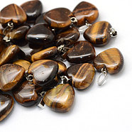 Heart Natural Tiger Eye Pendants, with Platinum Tone Brass Findings, 17~19x15~16x5~8mm, Hole: 2x7mm(G-Q371-06)