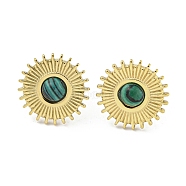 Real 18K Gold Plated 304 Stainless Steel Flat Round Stud Earrings, with Synthetic Malachite, 15mm(EJEW-Z042-04E)