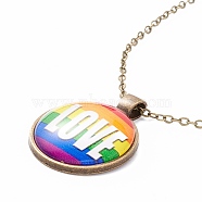 Rainbow Pride Necklace, Love Word Flat Round Pendant Necklace for Men Women, Antique Bronze, Word, 20.08 inch(51cm)(NJEW-F290-01E)