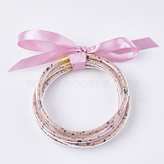 PVC Plastic Buddhist Bangle Sets, Jelly Bangles, with PU Leather Cords Inside and Polyester Ribbon, Pink, 2-1/2 inch(6.3cm), 5pcs/set(BJEW-Q698-06)