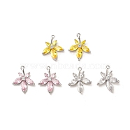 Glass Pendants, with Brass Findings, Flower Charm, Real Platinum Plated, 16x13.5x3mm, Hole: 1mm(KK-P260-09P)